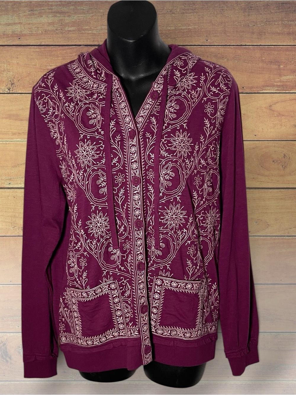 Soft Surroundings Solange Burgundy Embroidered Button Up Hoodie Cardigan XS